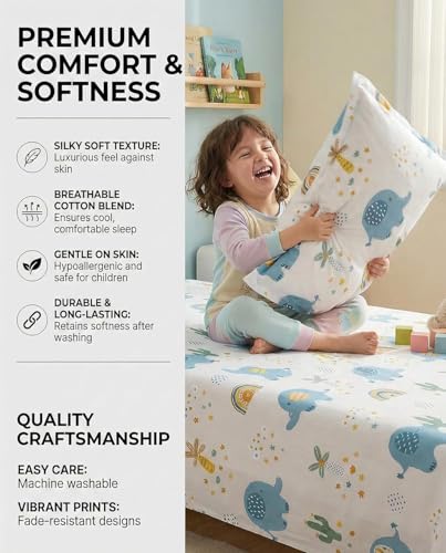 Image of RD FABS Glace Cotton Wrinkle Free Soft Hypoallergenic Single Bed Sheet with 1 Pillow Cover | Cartoon Printed Elephant Design for Boys & Girls Room | 60x90 Inches Grey | 144 TC