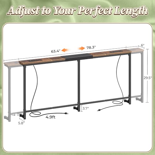 Huuger 63.4-78.3'' Extendable Behind Couch Table with Outlets, Rustic, photo 3 of 4