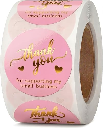 Pink Thank You Stickers Gold Foil – 500 Waterproof 1.5” Round Labels for Small Business Packaging, Custom Thank You Labels for Envelopes, Gift Bags, Boxes, Cards & Orders