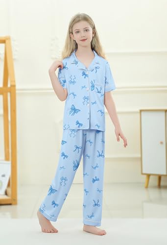 Umeyda Girls Pajamas Set Button Down Notch Collar Soft Short Sleeve Pjs Set with Long Pant Set Lounge Set2