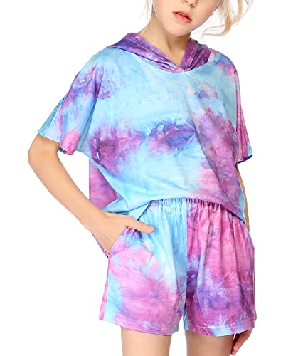 Arshiner Girls Tie Dye Two Piece Short Sleeve Sweatshirt With Short Pants Sleepwear With Pockets Blue&Purple 5-6 Years #TOP7