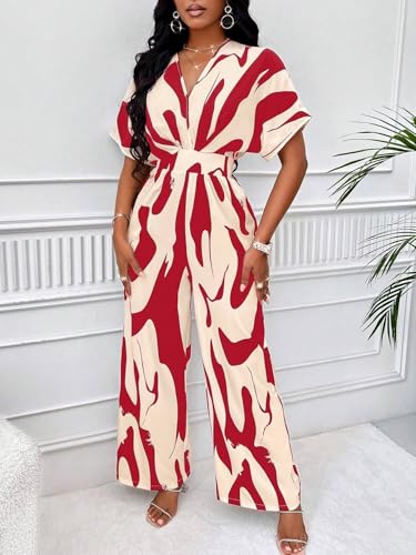 Image of PerZeal Women's V-Neck Short Sleeve Printed Jumpsuit with Pockets - Casual Wide Leg One-Piece Romper for Summer(S-XXL)