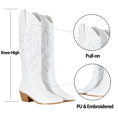 Ouepiano Cowboy Boots for Women, Classic Knee-High Cowgirl Boots with Leather Stitching Embroidered-White