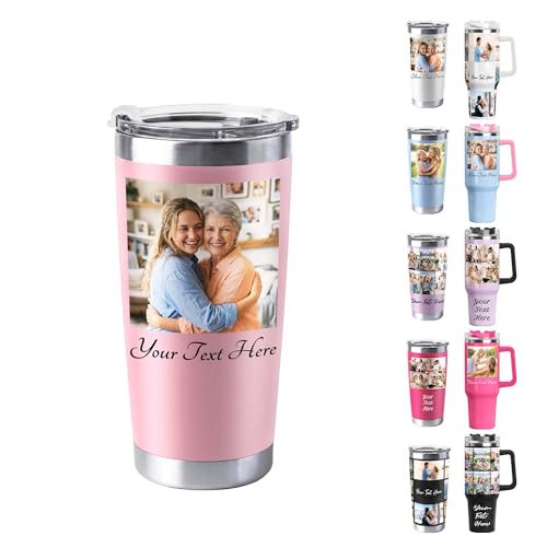 Personalized Coffee Tumbler, 20 Oz Stainless Steel Coffee Tumbler with Handle & Straw Lid, Custom Name & Photo Insulated Travel Mug for Women Men, Customized Birthday Gifts for Mom Dad Friends.