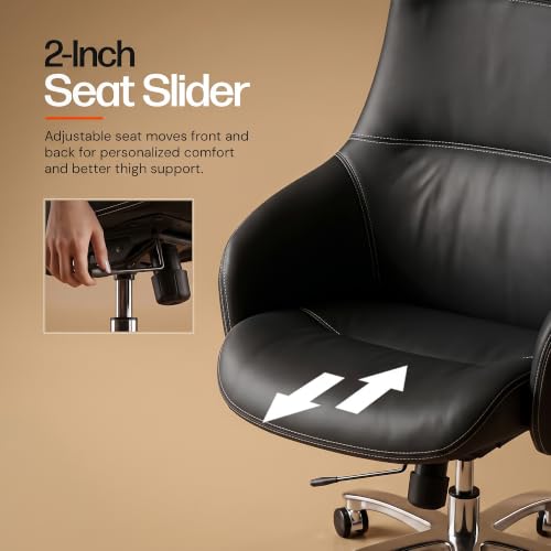 Image of DROGO Calista Ergonomic Office Chair for Work & Home with Premium Vegan Leather | Executive Boss Chair with 5 Cm Seat Depth Adjustment | 3-Point Tilt Recline Lock | Heavy Duty Metal Base (Black)