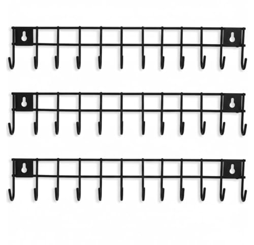 Image of 12 Hooks Wall Mounted Kitchen Utensil Hanger Rack | Heavy Duty Metal Storage Holder for Cooking Tools, Pans & Accessories | Space Saving Organizer for Kitchen & Bathroom (Black, 3 Pc)