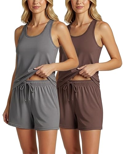 Image of Real Essentials 4 Piece: Women's Super-Soft Tank Top and Short Pajama Set - Loungewear Sleepwear (Available in Plus Size)