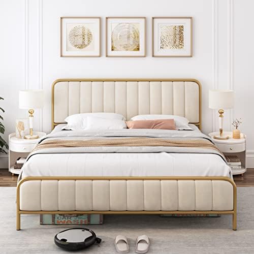 HITHOS Queen Size Bed Frame, Upholstered Bed Frame with Button Tufted Headboard, Heavy Duty Metal Mattress Foundation with Wooden Slats, Easy Assembly, No Box Spring Needed (Golden/Off White, Queen)
