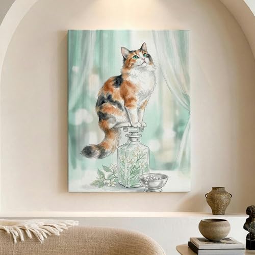 Decoración de gato estética para casa, cuadro en lienzo abstracto floral de 12x16