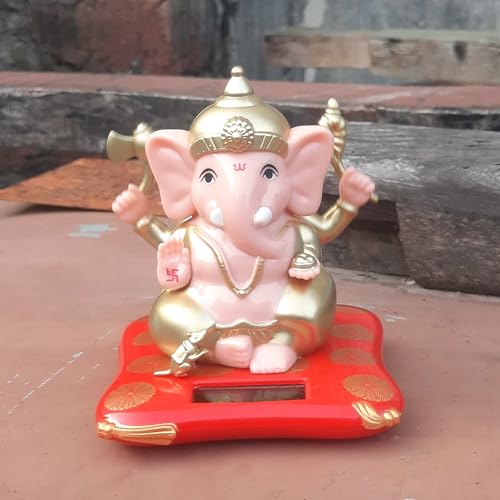 Image of Solar Powered Ganesha Idol with Moving Hand, Red and Gold, Plastic Made, for Car Dashboard or Home Office Decor Gifting