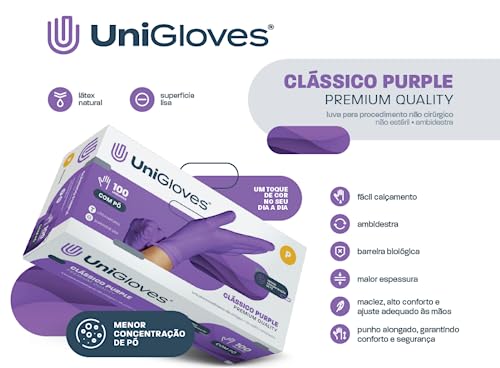 Luva Unigloves de Latex Tamanho P Com Pó Classico Purple Premium - 100 Unidades