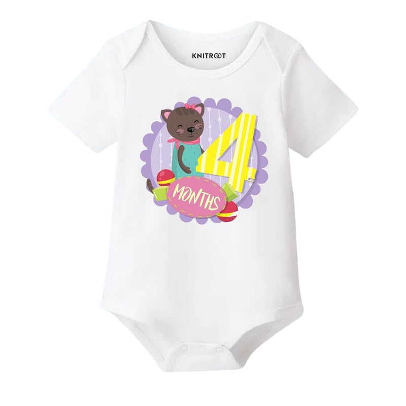 Image of KNITROOT Monthly Birthday Special Unisex Baby Romper Half Sleeve White Color