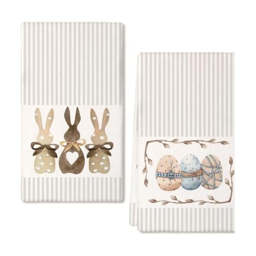 Juego de 2 paños de cocina de rayas huevos de Pascua conejo, 40 x 60 cm, decoración primaveral, juego de servilletas para fiestas, picnics, bodas, comedor al aire libre