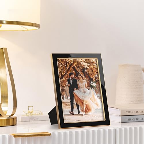 Image of eletecpro 5x7 Enamel Picture Frame with Real Glass Cover, Cute Photo Frame with Gold Metal Edge, Horizontal and Vertical Display Pictures 5 by 7 for Tabletop and Wall Decor, Black, 1 Pack