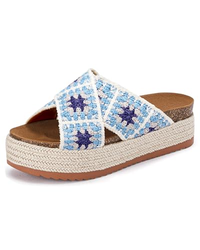 Image of Coutgo Womens Platform Espadrille Sandals Floral Crochet Open Toe Slides | 2.2-In Heels, Slip on, Cork Footbed, Cross Wide Strap, Summer Beach Vacation Shoes