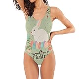 Auxva Bigjoke Damen-Badeanzug, Einteiler, mit Aufschrift „Happy Oster“, Blumenmuster, gerüscht, Bauchweg, Bademode, Strandanzug, für Erwachsene, Damen, Teenager, Mädchen Gr. M, multi