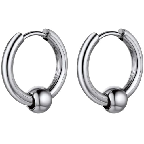 ChainsHouse Stud Earrings for Men Women,316L Stainless Steel/14K Gold/Black Plated Metal, Punk Hypoallergenic Surgical Huggie Hoop Earrings Mens Jewelry Piercing Hoop Earrings B: Silver-Bead