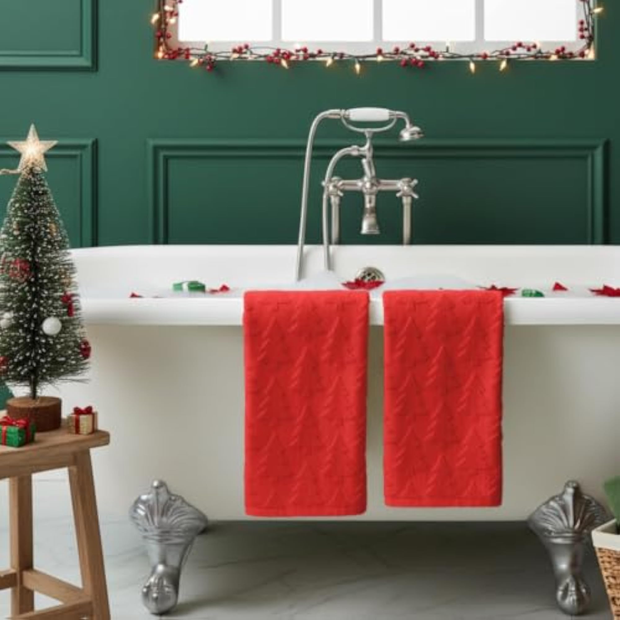 2 Pcs Red 3D Xmas Tree Jacquard Hand Towels, Cotton