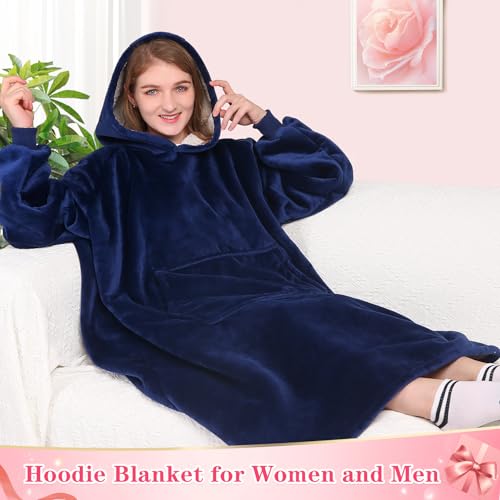 Image of Waitu Oversized Wearable Blanket Sweatshirt Gifts for Women and Men, Soft Sherpa Blanket Hoodie with Sleeves and Pocket, Warm Body Blanket Robe - Navy
