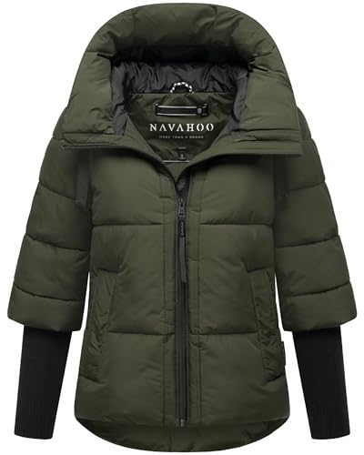 Navahoo Moderna chaqueta de invierno para mujer, cálida chaqueta acolchada con capucha y mangas de punto acanalado, corazón de loto XIV XS-3XL, verde oscuro, S