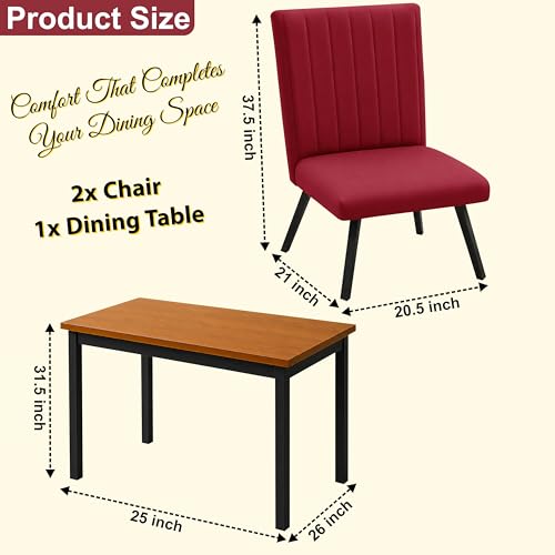 Image of Rosebell Set of 2 Dining Table Chairs with Wooden Top Table, Upholstered Cushioned Chairs, Modern Compact Dining Set for Home, Kitchen & Dining Room (Red)