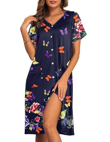 Image of Ekouaer House Dresses for Women with Pockets Button Down Nightgowns Plus Size Moo Moos Mumu Dresses Floral Print S-3XL