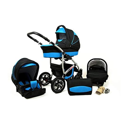Lux4Kids Barnvagn 3-i-1 kombi komplett set med bilstol Isofix 2-i-1 babybricka, babyskål, buggy baby Larmax svart och blå 3-i-1 med babystol