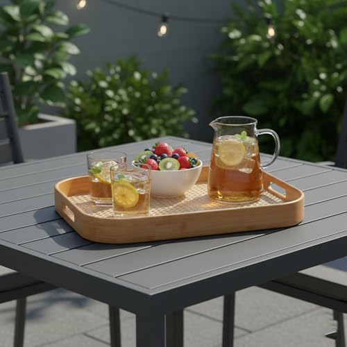 Image of Curated Cart Bamboo Serving Tray with Cut-Out Handles - Rattan Cane Woven Base - Eco-Friendly Rustic Tray for Coffee Table, Breakfast, Kitchen, Bathroom Decor - Lightweight, Durable - 33x22.5cm