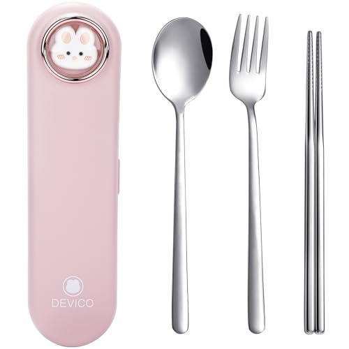 DEVICO Travel Utensils with Case Cute, Reusable Silverware for Lunch, Portable Cutlery Set, 18/8 Stainless Steel Fork Spoon Chopsticks in Cartoon Case, Dishwasher Safe (Pink)
