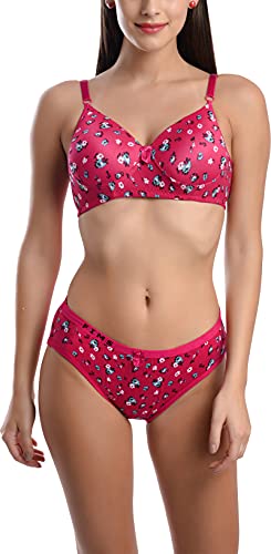 Image of FIMS - Fashion is my style Cotton Flower Print Padded Bra Panty Set for Women, Non Wired, Full Coverage, Tshirt, Back Closure, Push up, Teenage, Regular, Soft Cups