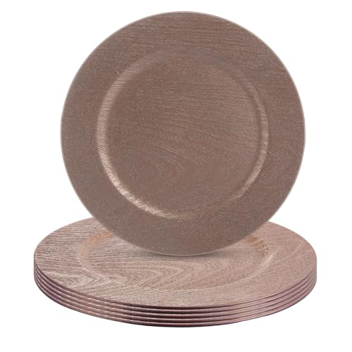 LOYORTY 6PCS Plastic Wood Charger Plates, Round Table Charger, Plastic Wooden Chargers for Dinner Plates, 13