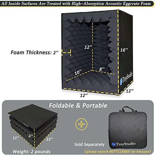 Troystudio Portable Sound Recording Vocal Booth Box - |Reflection Filter & Microphone Isolation Shield| - |Large, Foldable, Stand Mountable, Super Dense Sound Absorbing Foam| (Small Size) #TOP1