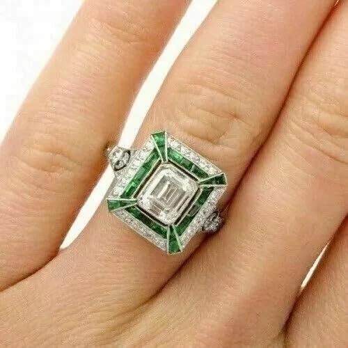 Art Deco Emerald Cut Lab Created Diamond & Emerald Engagement 925 Silver Ring2