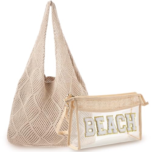 Aliceset 2 Pack Crochet Mesh Beach Tote Bag with Letter Patch Pocket Summer Beach Tote Bohemian Straw Transparent Bag