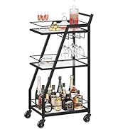 YATINEY Bar Cart for The Home, 3-Tier Serving Cart with Wheels, Drink Cart with Glass Holder, Rol...