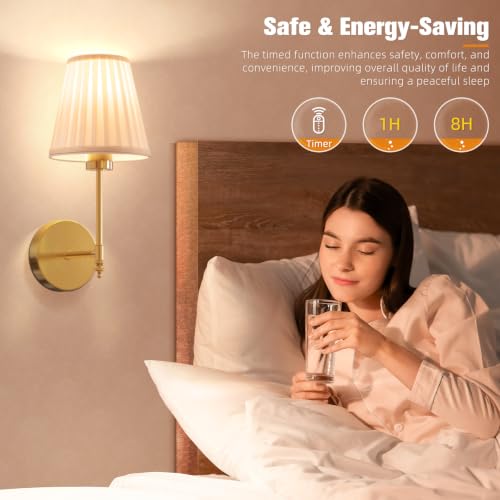 Image of NIORSUN 14.5 inch Battery Operated Wall Sconce Set of 2,Beige Gold Rechargeable Wall Lights with 10400mAh Dimmable Bulbs and Remote,10 Colors Wireless Wall Lamps for Bedroom Living Room