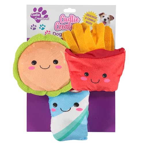 Cudlie 3 Pack Plush Dog Chew Toys – Soft Squeaky Puppy Toys for Small Dogs– 4" Durable, Cute & Safe Pet Toy Gift Set (Food, Fruit, Farm, Zoo & Safari Animal Themes)