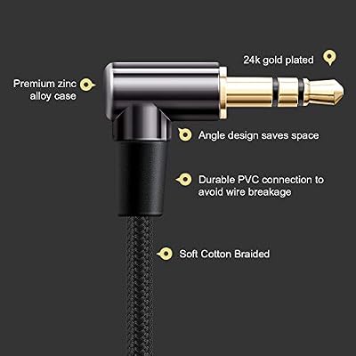 CableCreation 3.5mm Audio Cable 10FT/3M, 3.5mm Right Angle Male to Male Auxiliary Stereo HiFi Cable with Silver-Plating Copper Core for Car Stereos, iPhones,Tablets, 24K Gold Plated, Black