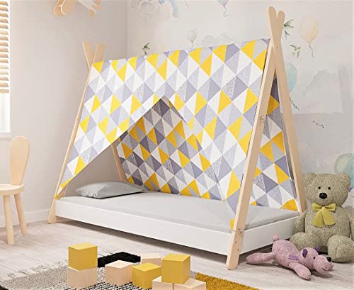 Lit tipi Meblex pour Enfant en Bois Naturel, pour Fille et garçon, Format 160 x 80 cm, Coloris Blanc-Miel-Gris, Cadre Blanc Lit de Sol Enfant en Bas âge Cover