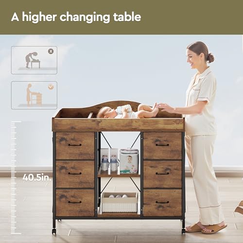 Image of YeTom Changing Table, 6-Drawer Dresser, Adjustable Shelves, Rustic Brown | Changing Table Dresser, Waterproof Diaper pad & Safety Strap, 6 drawers, Adjustable shelves, Mobile Nursery Organizer
