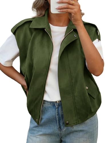 Cicy Bell Damen Ärmellose Jacke Crop Weste Leichte Sommerjacke Kurz Übergangsjacke Westen mit Reißverschluss Armeegrün S