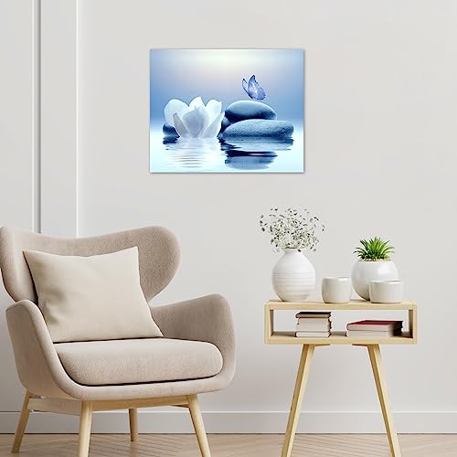 EOBTAIN Zen White Flower Canvas Wall Art Floral and Blue Butterfly on Stone Modern Framed Picture Yoga Spa Spiritual Painting Artwork Print Decor for Bathroom Bedroom Living Room 24x16 Inches by EOBTAIN - Image 4
