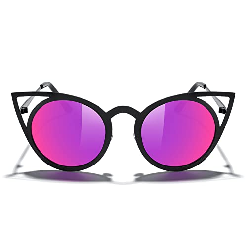 MERRY'S Cat Eye Sunglasses Round Metal Cut-Out Flash Mirror Lens Metal Frame Sun glasses S8064 (Red, 50)