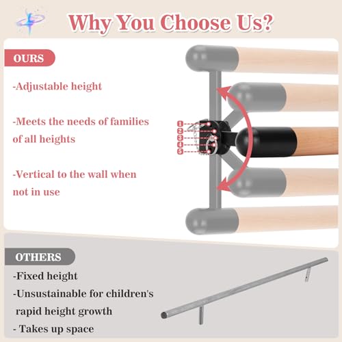 Ballet Barre Wall Mounted, Adjustable Wood Ballet Bar, 6ft Ballet Barre for 2 people, Traditional Wooden Ballet Barre System for Home Barre Workout Equipment, Height Adjustable, for Kids and Adults