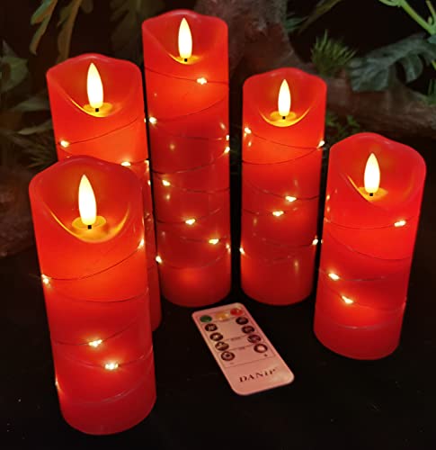 Image of DANIP Red LED Flameless Candle with Embedded Star String, 5Piece LED Candle with 11 Button Remote Control, 24 Hours Timer Function, Dancing Flame, Real Wax, Battery Powered.