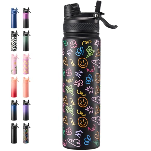 Fijinhom 24 oz Insulated Water Bottle, 2-in-1 Straw and Spout Lid Stainless Steel Thermos, Leak-Proof, Double Wall Vacuum Flask, Keep Cold 24H for Outdoor, Sports, Travel, School (Graffiti)