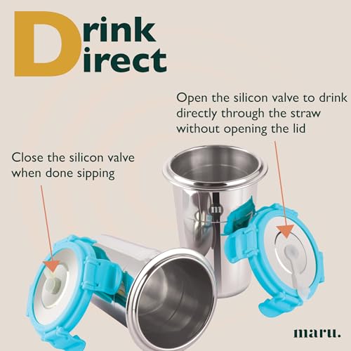 Image of MARU Stainless Steel Tumbler 400ml with Lid, Reusable Straw & Cleaning Brush - Durable, Leakproof & Portable Drinking Cup - Ideal for Travel, Office & Home (Blue Set of 1)