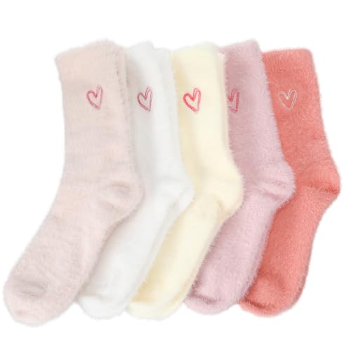 Foaincore 10 Pairs Women's Embroidered Heart Fuzzy Socks - Soft Fluffy Mid-calf Warm Slipper Socks for Winter, Home, Spa (5 Styles)