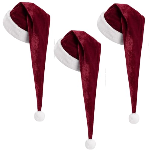 Cozypower 3 Pcs Christmas Santa Hat for Adults with Plush Brim Thicken Unisex Velvet Classic Xmas Holiday New Year Party(Burgundy,Long Style)