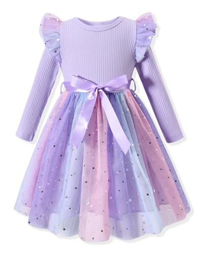 4T Girl Clothes Toddler Girls Tulle Dress Fall Long Sleeve Dresses Winter Spring Clothing 4-5T Purple